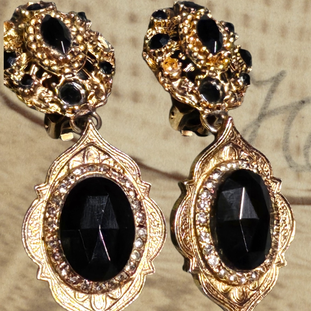 R.J. Graziano Vintage Black and Gold Clip-on Earrings